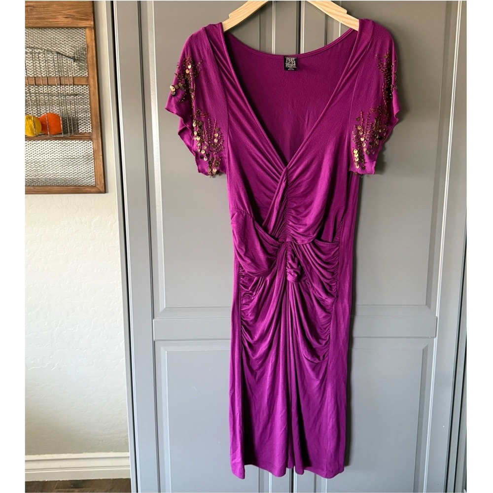 Free People Y2K Bodycon Ruched Sequin V-Neck‎ Mini Party Dress, Purple Gold, M
